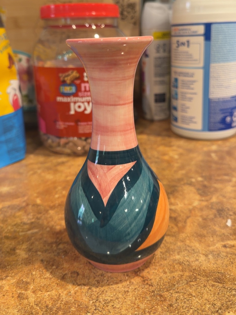 Hand-Painted Gail Pittman Small Decorative Bud Vase in Teal, Coral & Peach